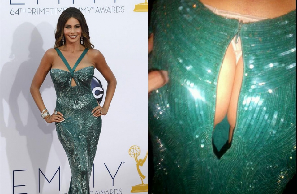 Sofía Vergara en la alfombra roja de los Emmy 2012 y la imagen del vestido roto. EFE y Twitter