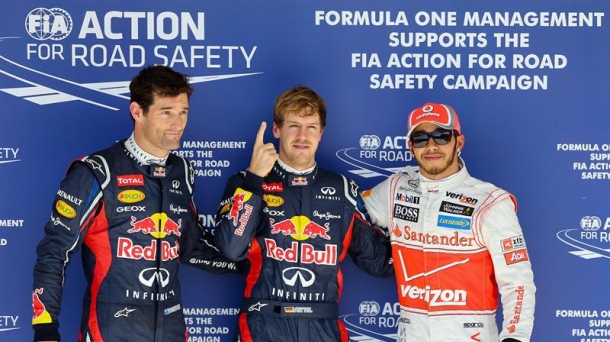 Sebastian Vettel, Webberrekin eta Hamiltonekin batera. Argazkia: EFE