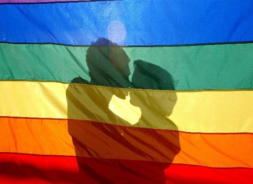 Una pareja homosexual en el fondo de la bandera Gay. Foto: EFE