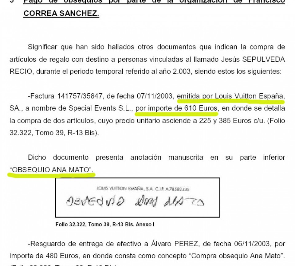 Extracto del informe policial que refleja los pagos de la trama Gürtel a Ana Mato. Foto: EITB