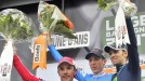 Lieja-Bastogne-Lieja: Daniel Martin (ganador), Joaquim Rodríguez (segundo) y Valverde (tercero) en el podio. Foto: EFE title=