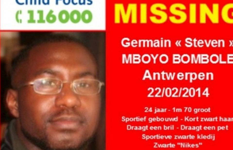 Amberesen desagertu den Germain "Steven" Mboyo Bombole gaztearen irudia. Gazet Van Antwerpen.