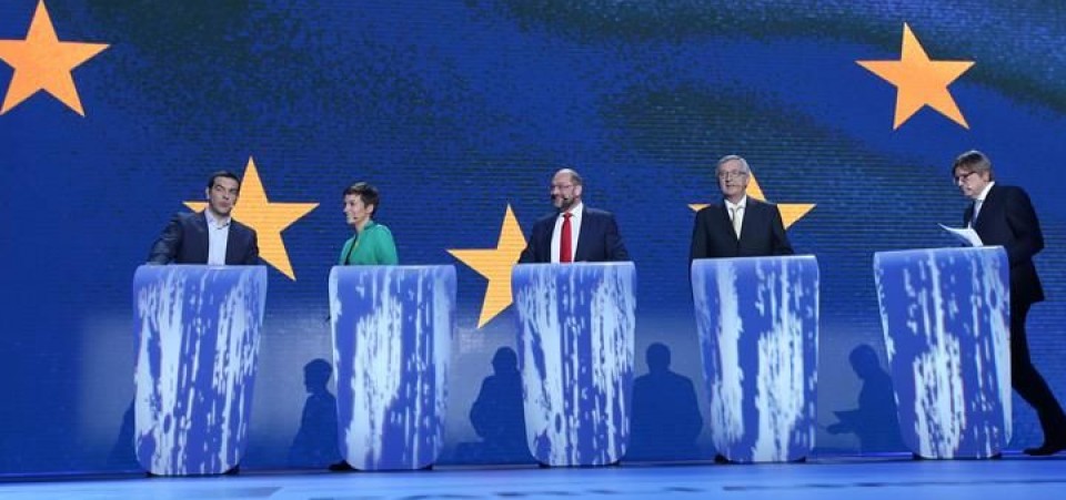 Alexis Tsipras, Jean-Claude Juncker, Martin Schulz, Guy Verhofstadt eta Ska Keller hauatagaiak. EFE