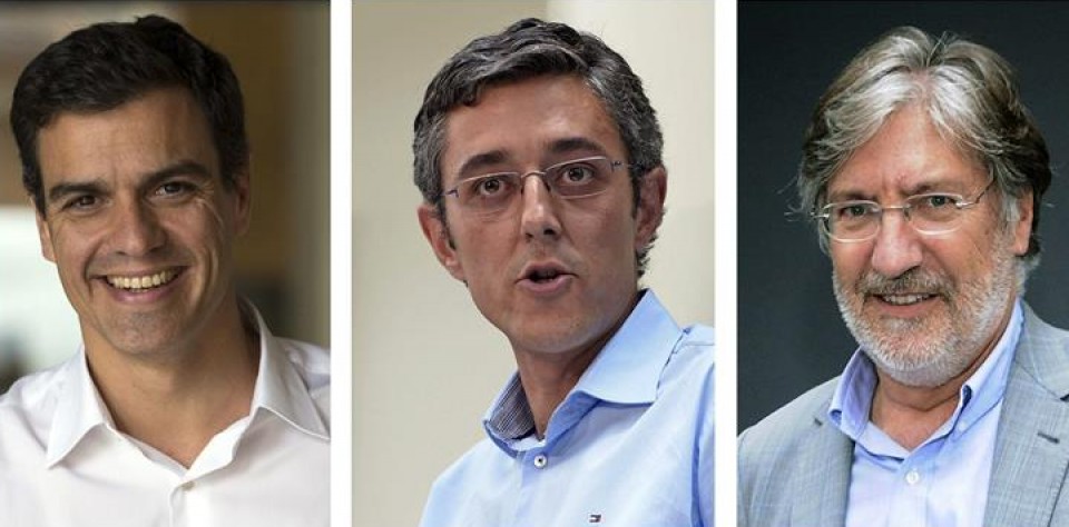 Los candidatos Pedro Sánchez, Eduardo Madina y José Antonio Pérez Tapias. 