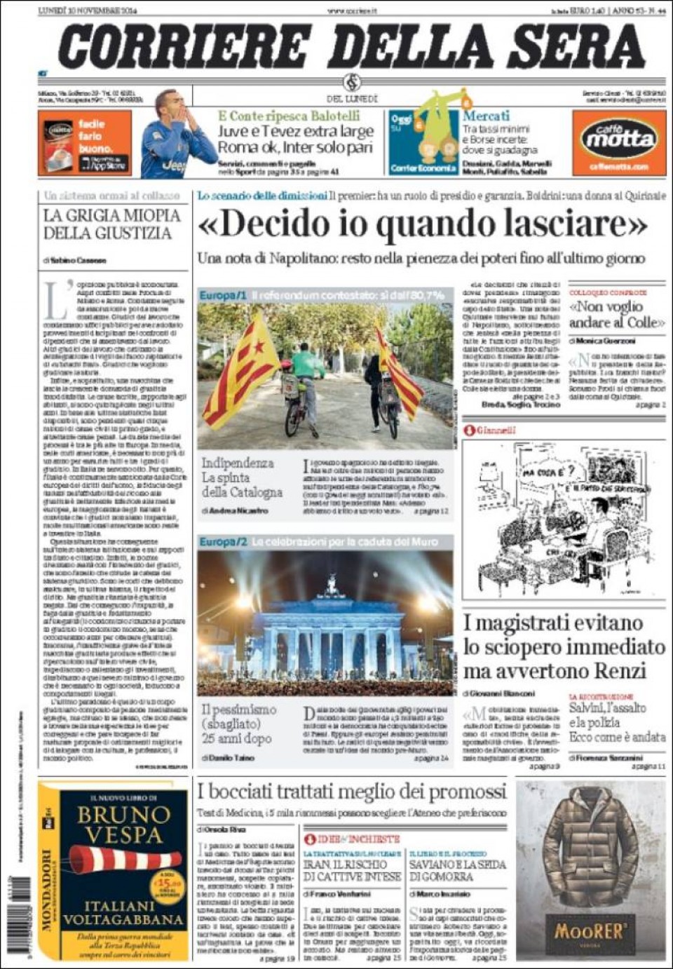Italiako Corriere Della Seraren azala, Kataluniako albistea erdi-erdian duela