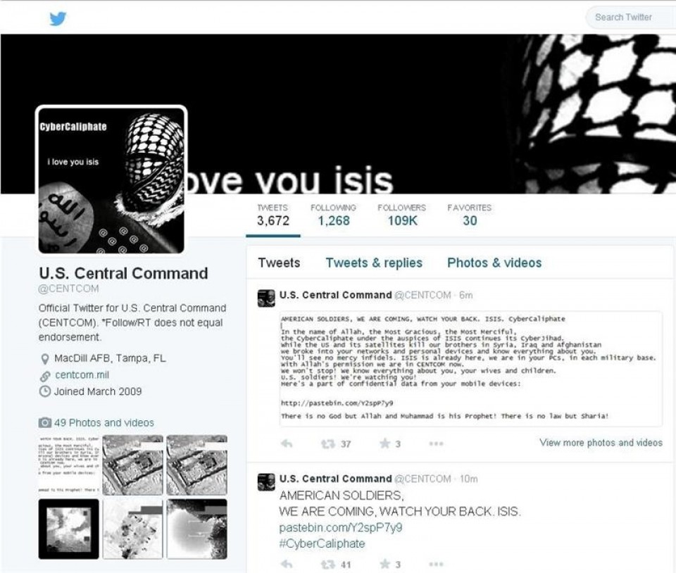 La cuenta de Twitter del Comando Central de EE.UU.. Foto: EFE