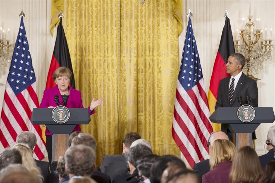 Obama y Merkel, en febrero de 2015, tras una reunión en la Casa Blanca. EFE. 