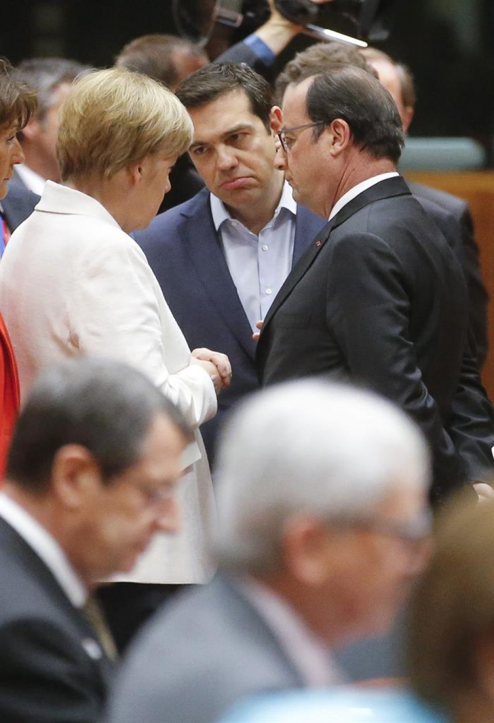 Merkel, Tsipras y Hollande, en la reunión de esta tarde. Foto: EFE