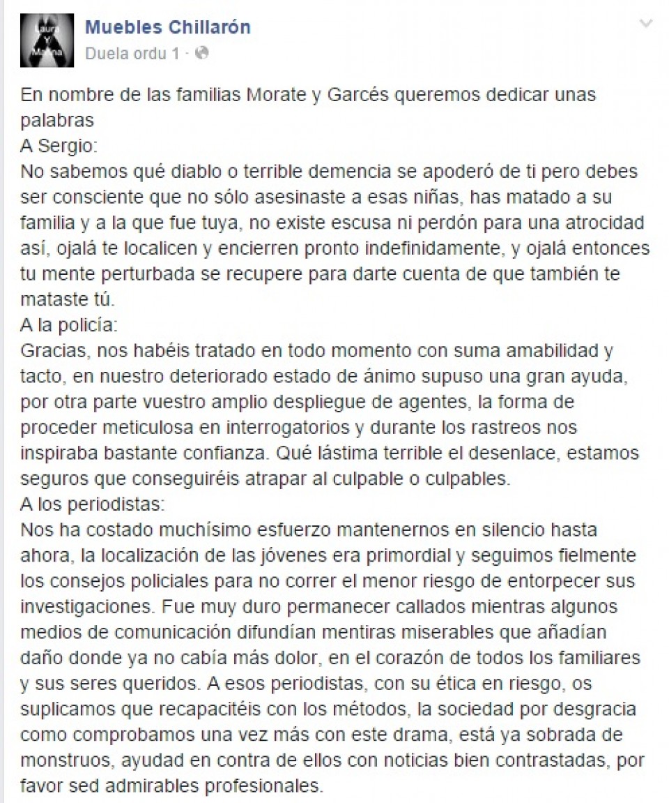 Comunicado familia Sergio Morate hilketa matxista Cuenca. Facebook