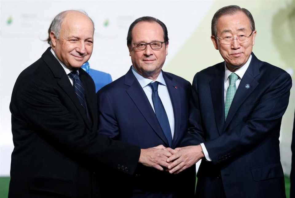 Fabius, junto a Hollande y Ban Ki Moon, en una imagen de archivo.