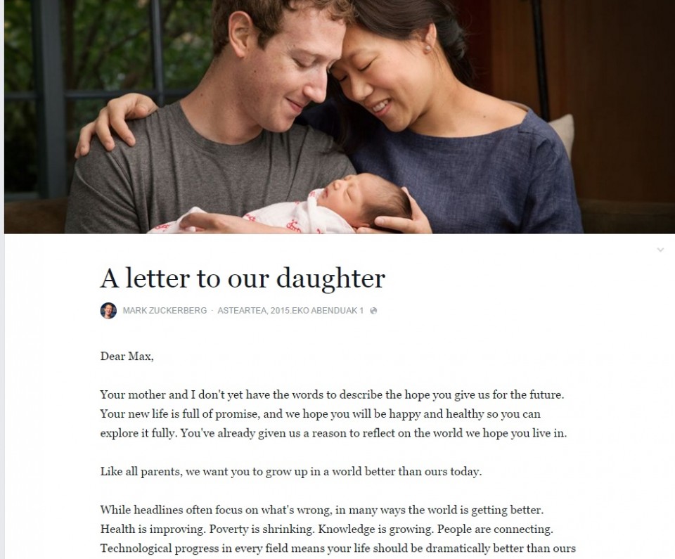Mark Zuckerberg Facebook hija alaba Priscilla Chan pantallazo
