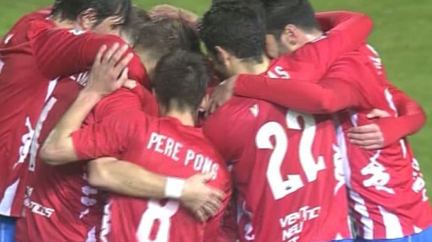 Jugadores del Girona celebran el segundo gol. Foto: EiTB.