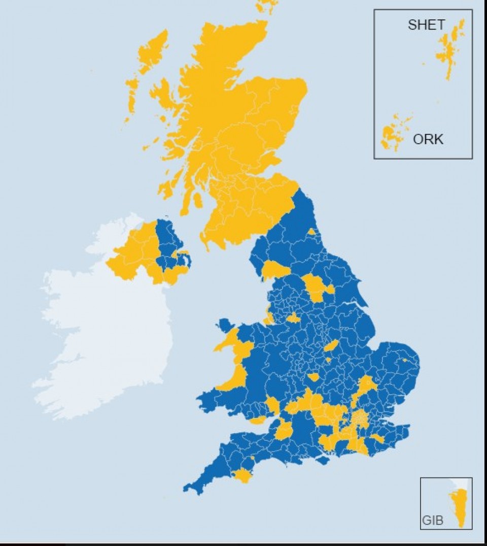 Resultado del 'Brexit' por regiones. Mapa elaborado por la BBC