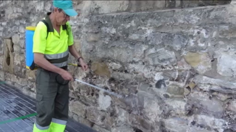 Un trabajador aplica el repelente de orina en San Sebastián