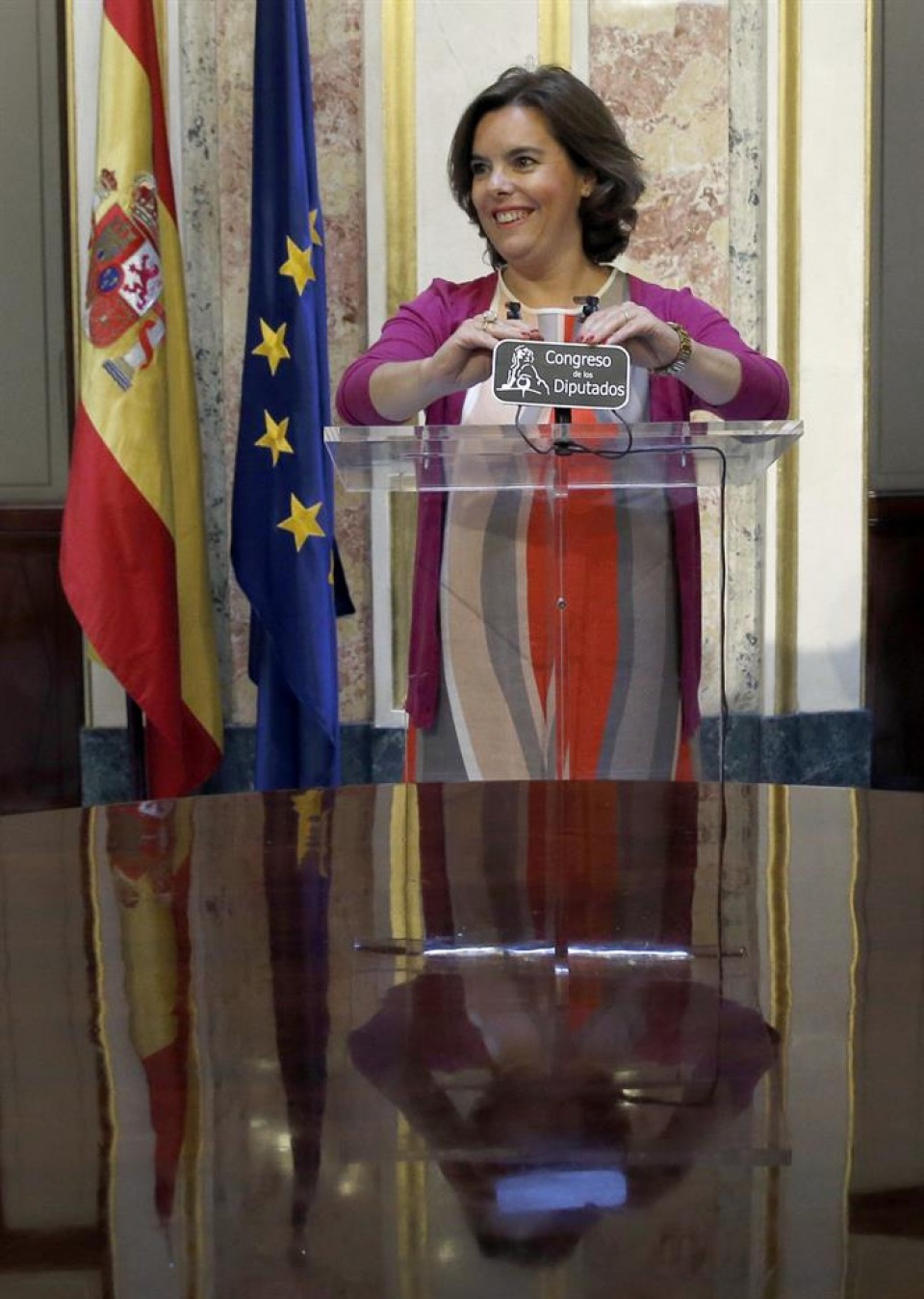 Espainiako Gobernuko jarduneko presidenteordea, agerraldian. Argazkia: EFE 