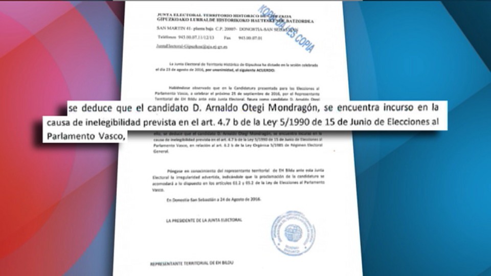 Arnaldo Otegi no podrá ser candidato, según la Junta Electoral