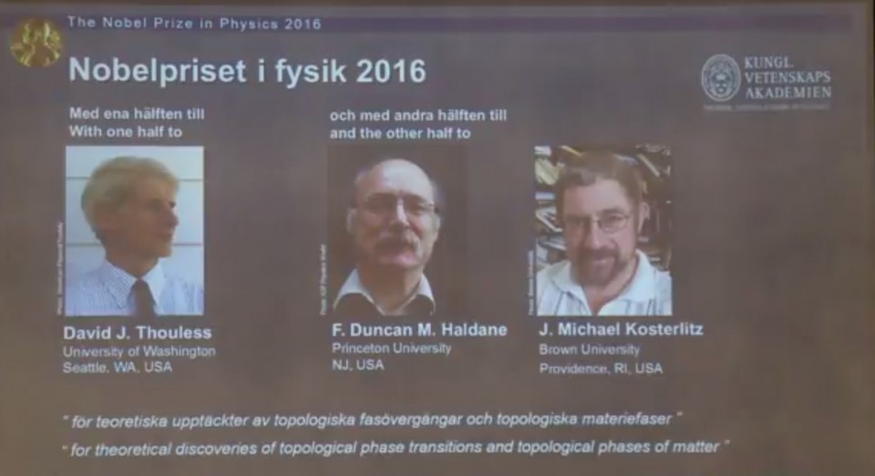 Thoulessek, Haldanek eta Kosterlitzek eskuratu dute Fisikako Nobela