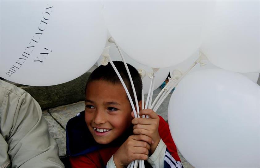 Un niño se manifiesta a favor del acuerdo de paz en las inmediaciones del Congreso colombiano. EFE