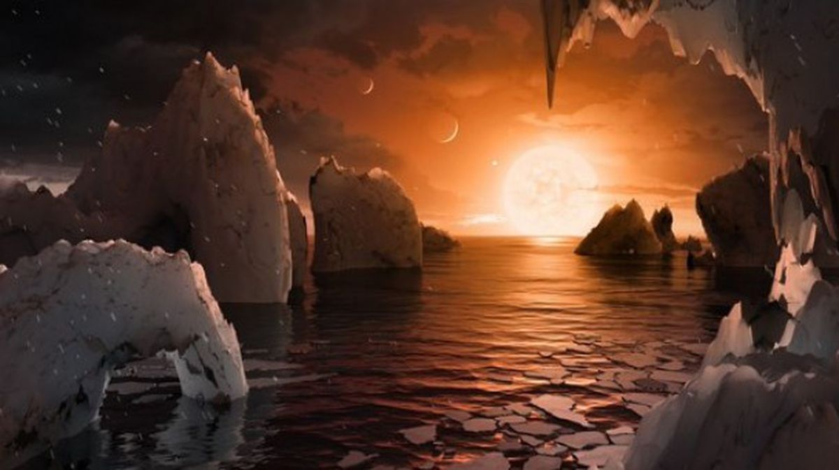 Posible superficie del planeta TRAPPIST-1f, uno de los hallados. Infografía: NASA