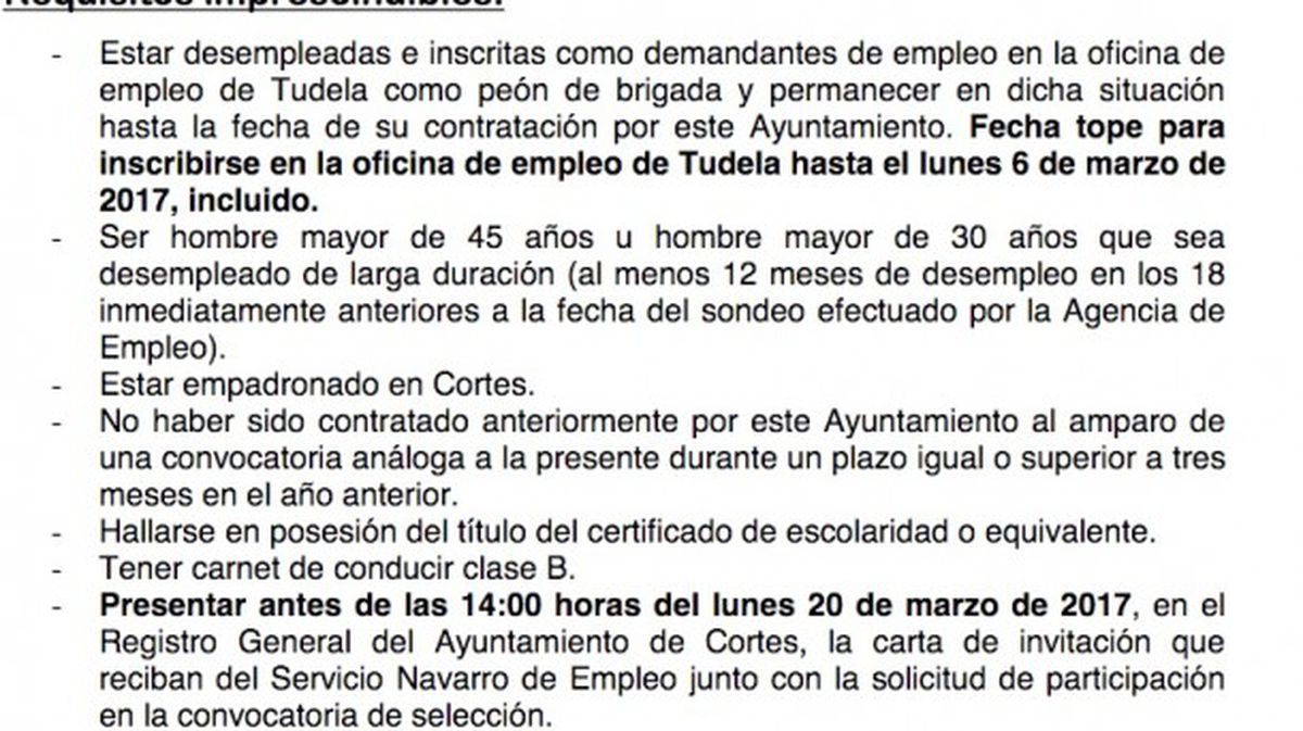 Los requisitos de la oferta de empleo del Ayuntamiento de Cortes