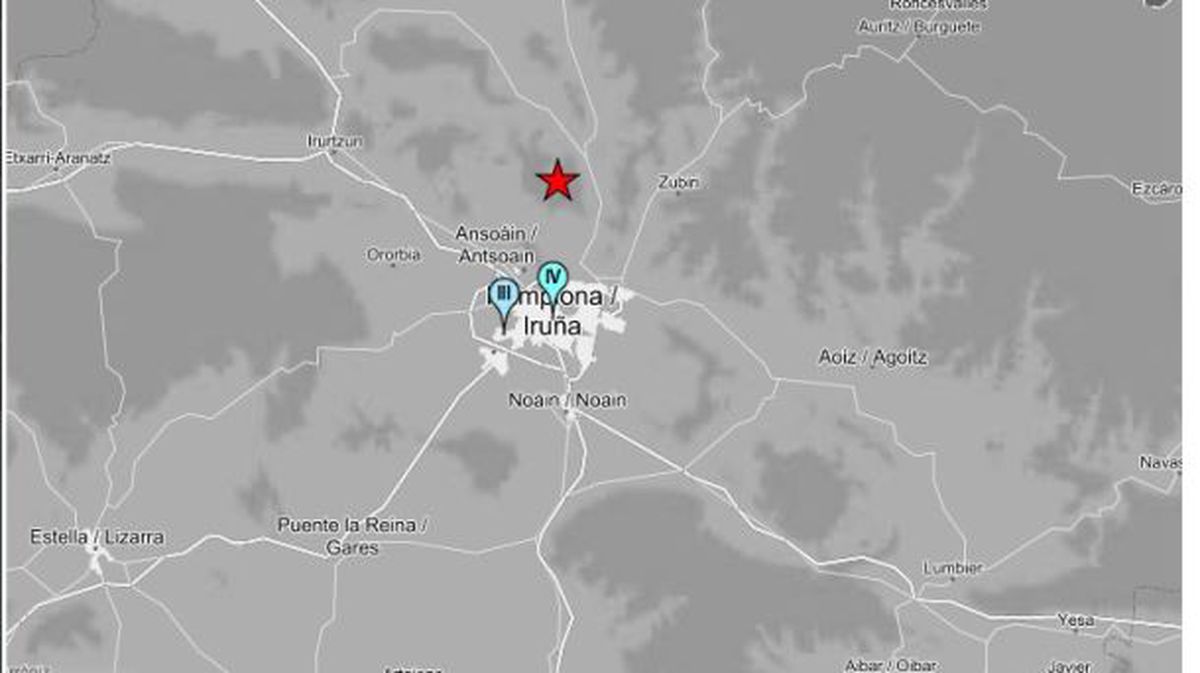 Mapa de intensidades de los temblores de hoy en la comarca de Pamplona. Foto: EGN