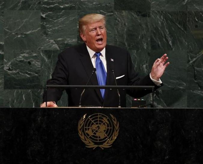 Donald Trump AEBko presidentea, NBEko Batzar Nagusian egindako lehen agerraldian. Argazkia: EFE