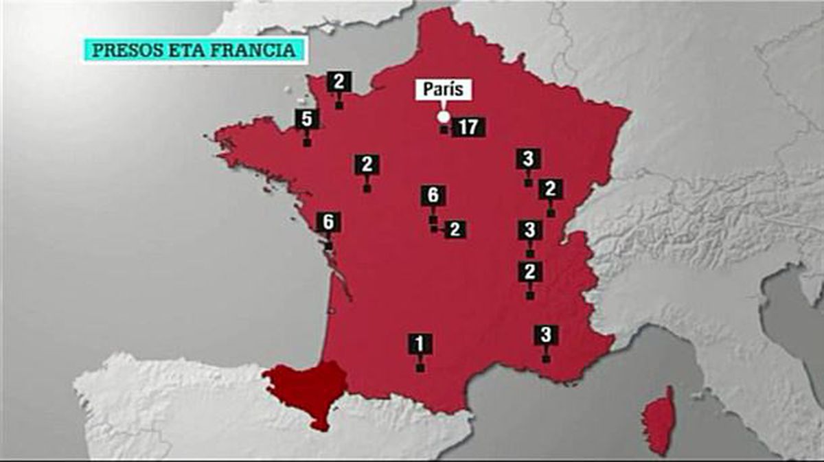 Mapa de la dispersión de los presos de ETA en Francia