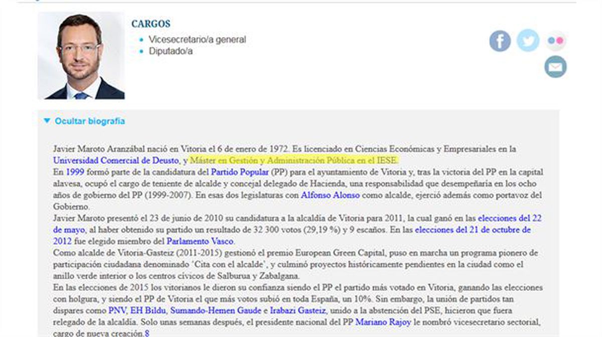 Captura de la ficha de Javier Maroto en la página web del PP. 