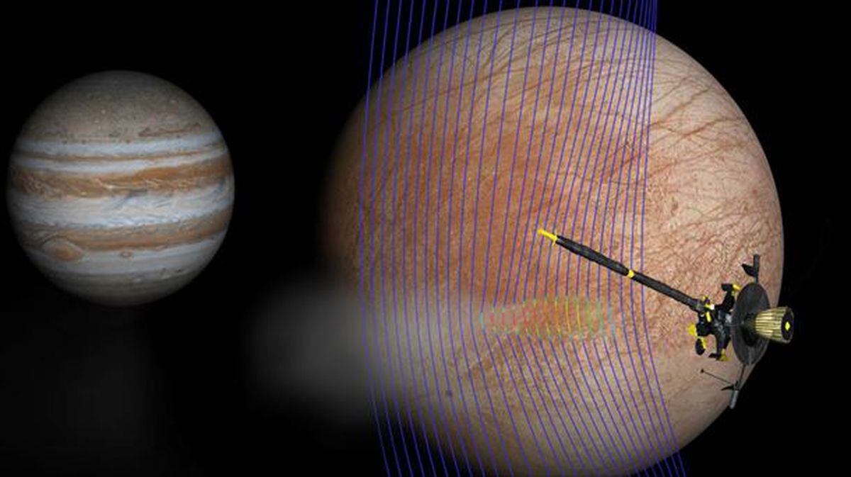 Galilleo satelitea, Europaren ondoan. Argazkia: NASA