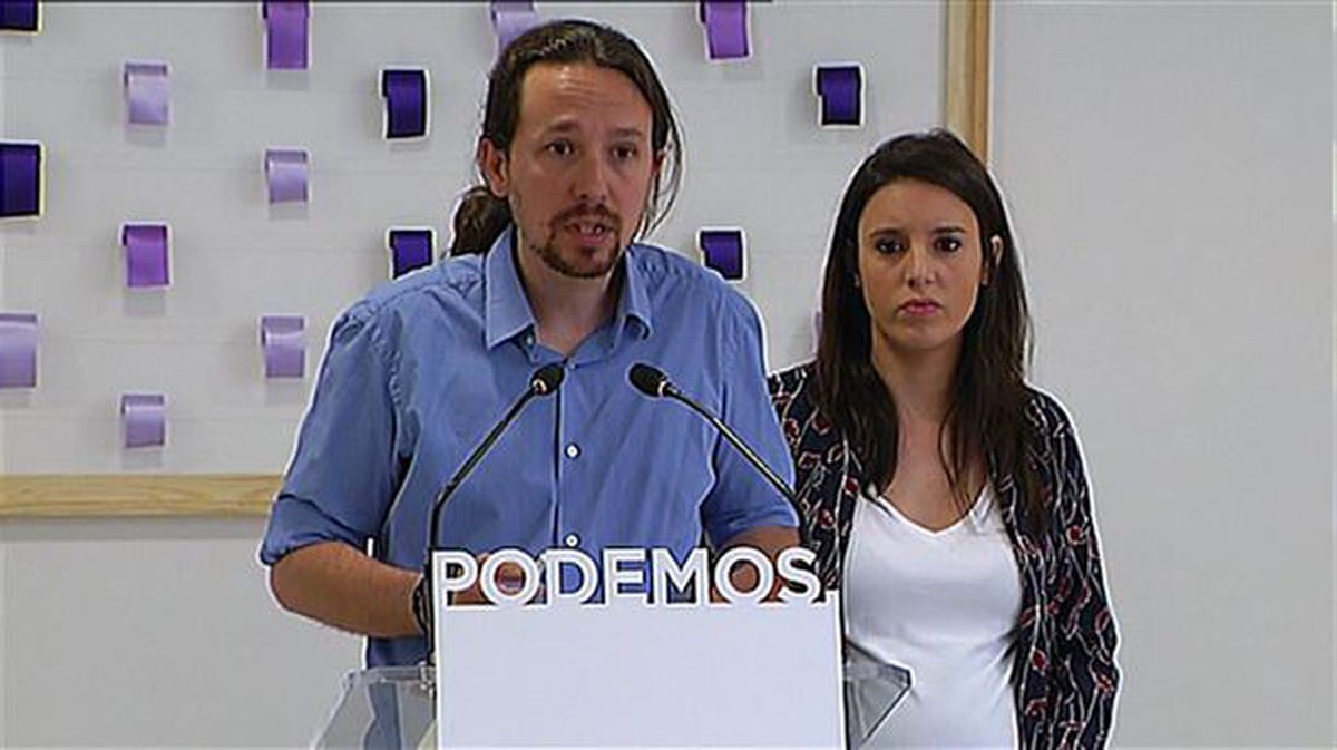 Pablo Iglesias e Irene Montero, en la rueda de prensa de esta tarde.