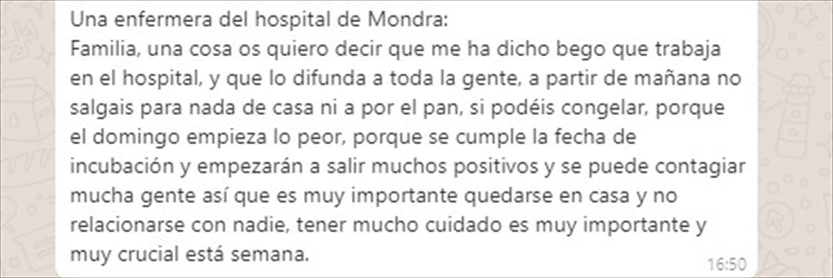 Mensaje recibido por WhatsApp de la "enfermera de Mondra"