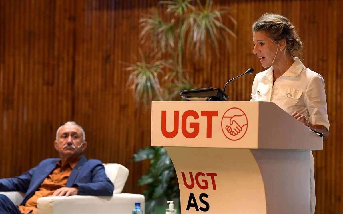 Yolanda Diaz Espainiako Lan ministroa UGTren ekitaldi batean. Artxiboko argazkia: EFE