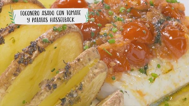 Fogonero asado con tomate y patatas Hasselback