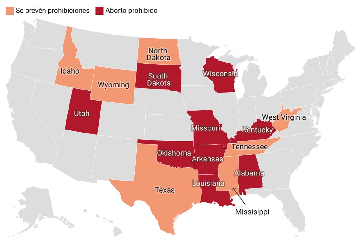 Mapa que muestra dónde se ha prohibido el aborto o dónde se prevé hacerlo.