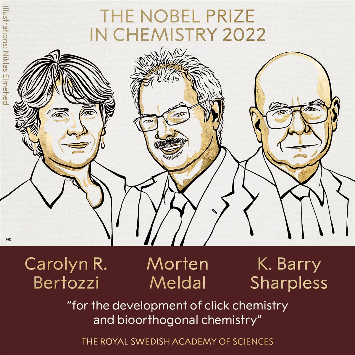 Carolyn R. Bertozzi, Morten Meldal eta K. Barry Sharpless. Argazkia: © Nobel Prize