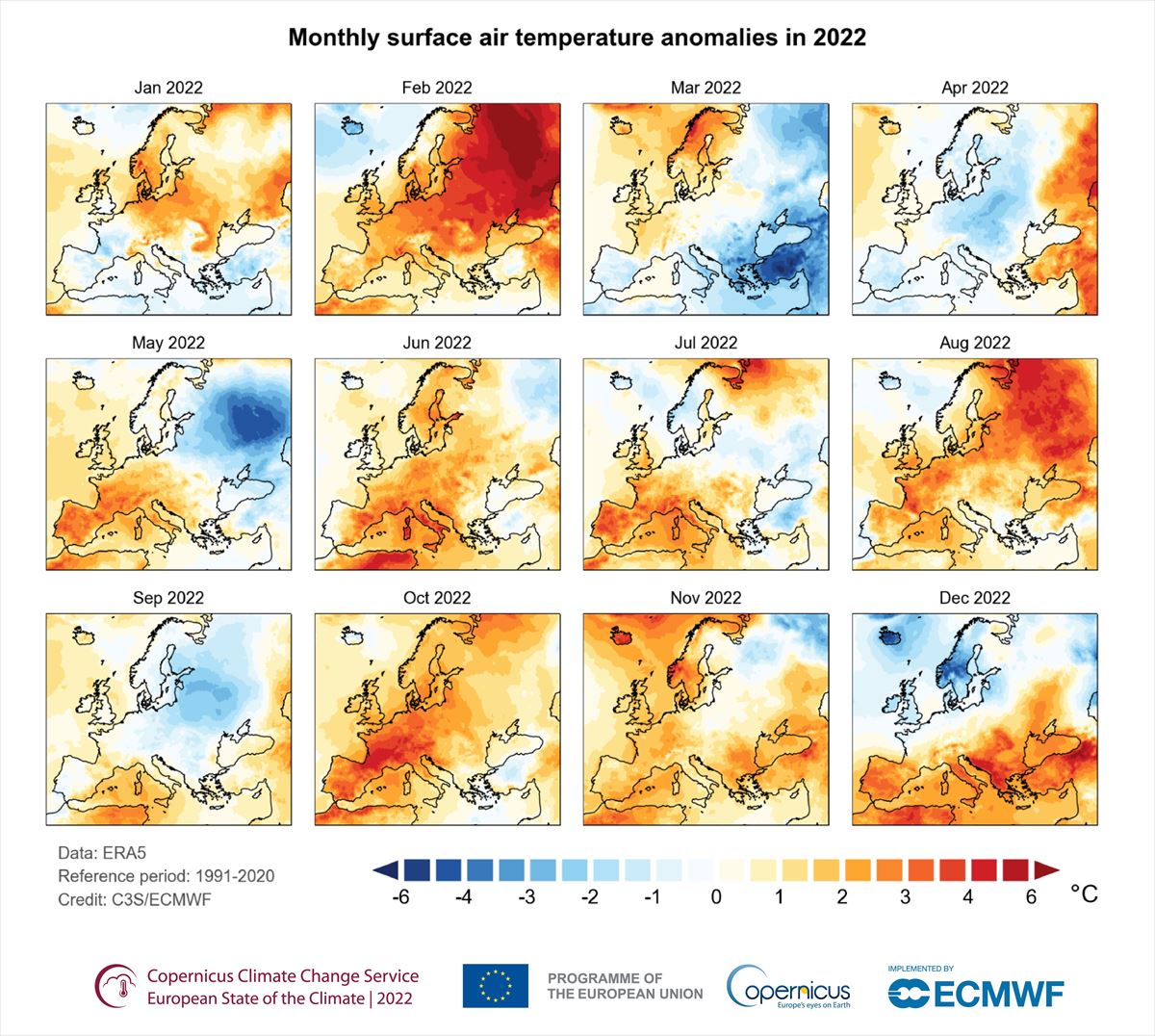 Anomalías de la temperatura media del aire en superficie para cada mes de 2022. Foto: Copernicus