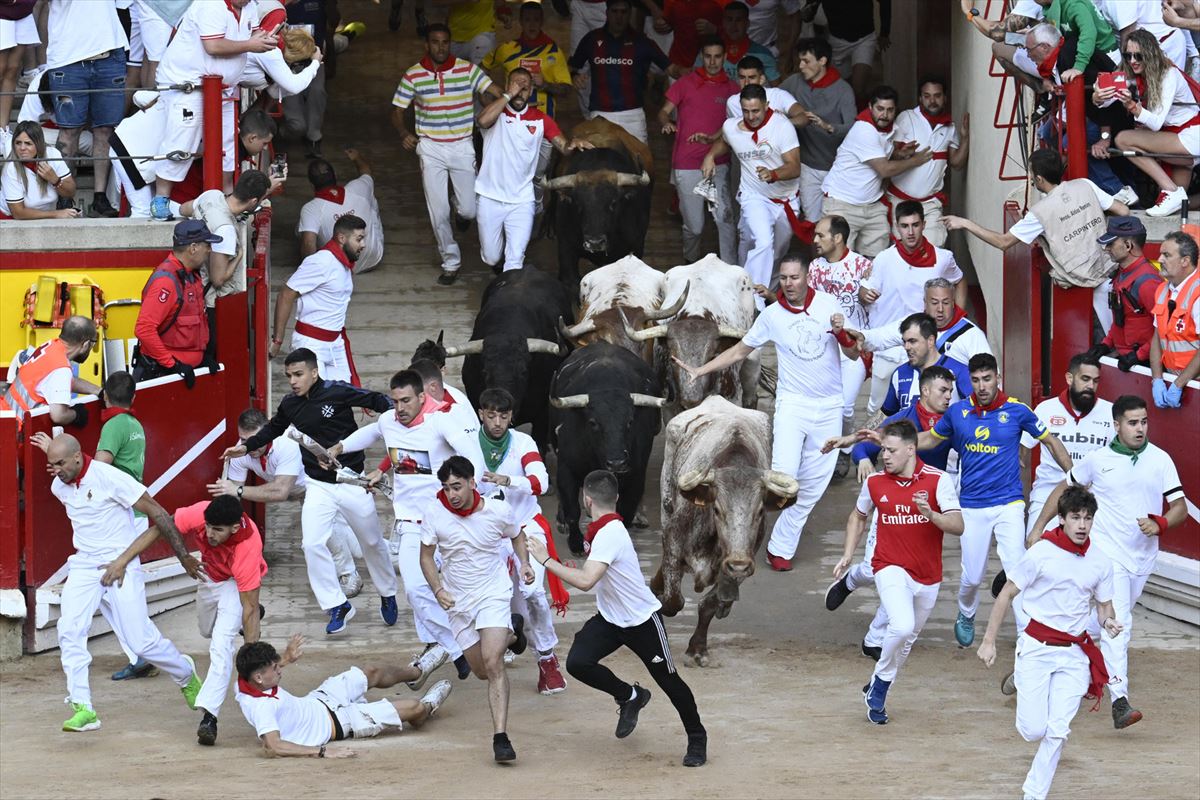 Los corredores y los toros de la ganadería Fuente Ymbro a su llegada a la plaza de toros de Pamplona. Foto:EFE