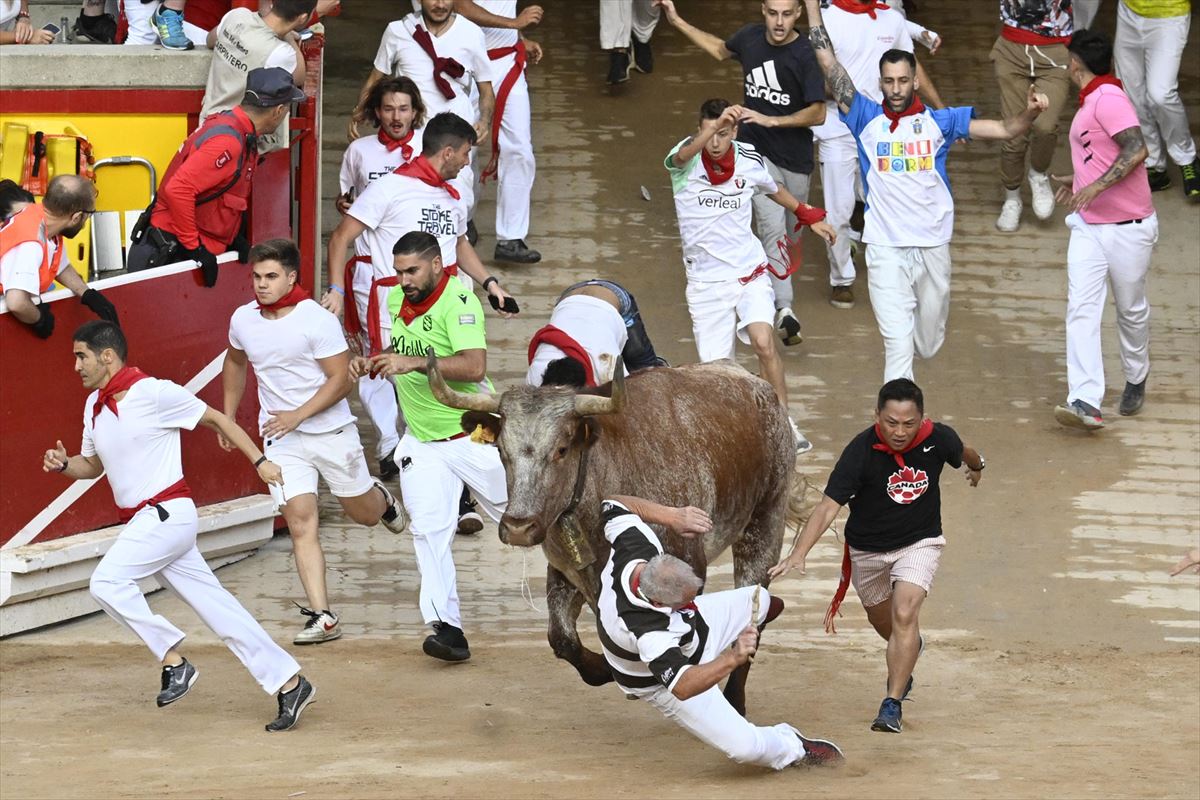 Los corredores y los toros de la ganadería Fuente Ymbro a su llegada a la plaza de toros de Pamplona. Foto:EFE