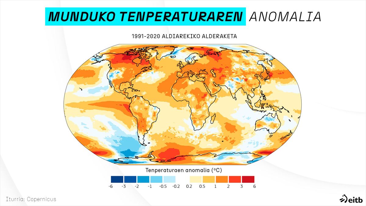 Munduko tenperatura 2023an, 1991-2020 aldiarekin konparatuta. 