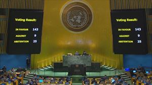 Resultado de la votación en la Asamblea General de la ONU. Imagen: AFP