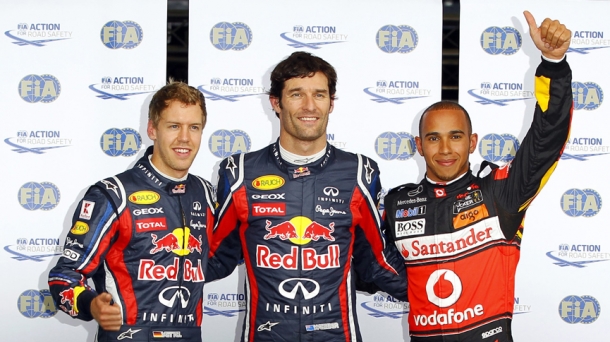 De izquierda a derecha: Vettel, Webber y Hamilton. Foto: EFE