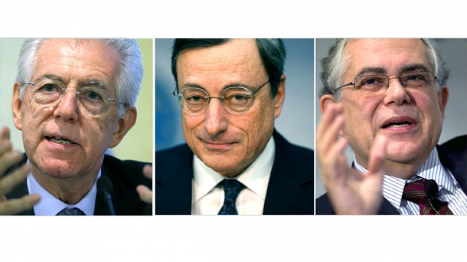 De izquierda a derecha: Mario Monti, Mario Draghi y Lukás Papadimos
