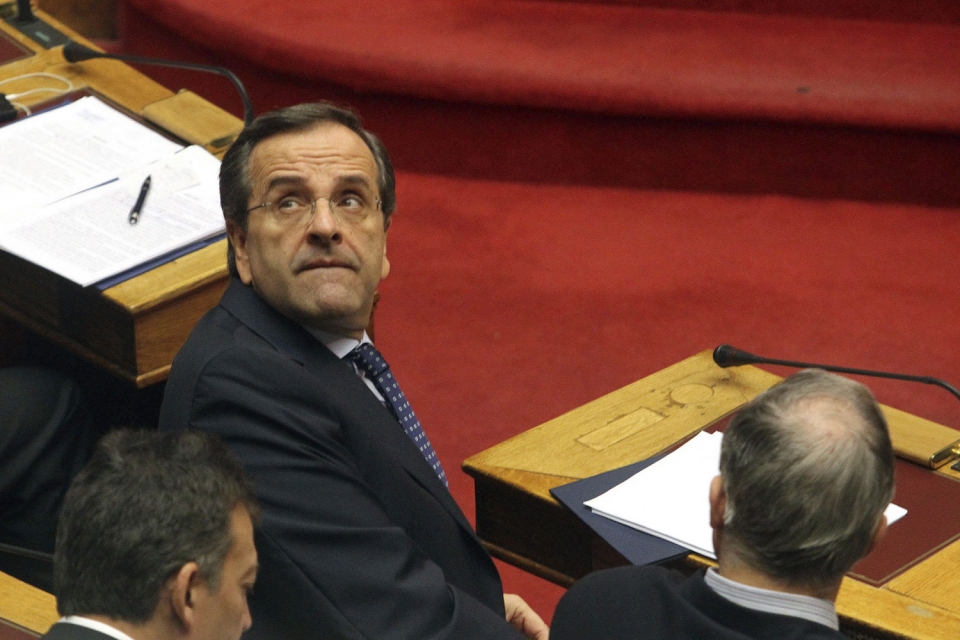 El líder del partido conservador Nueva Democracia (ND), Antonis Samarás, durante el debate