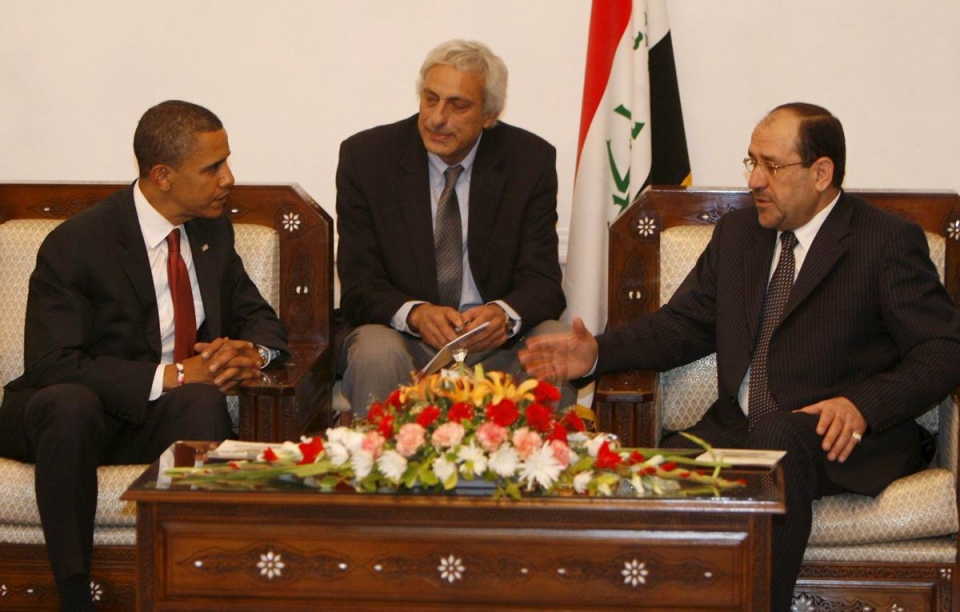 08/2008. El entonces candidato presidencial de EE.UU. Barack Obama, habla con el primer ministro de Irak, Nuri al-Maliki, en Bagdad. Foto: EFE