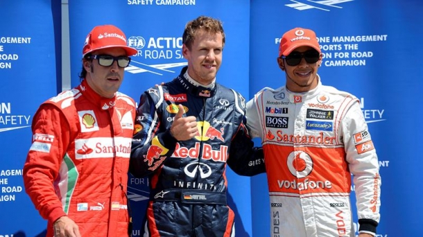 Vettel (polea), Hamilton (bigarren) eta Alonso (hirugarren) Montrealeko zirkuituan. Argazkia: EFE