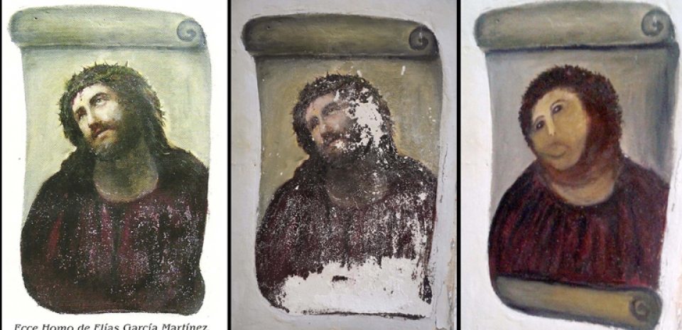 El Ecce Homo, tras la "restauración" de la vecina de Borja Cecilia Giménez. Foto: EITB