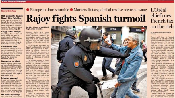 El diputado de Amaiur Sabino Cuadra en la portada de Financial Times.