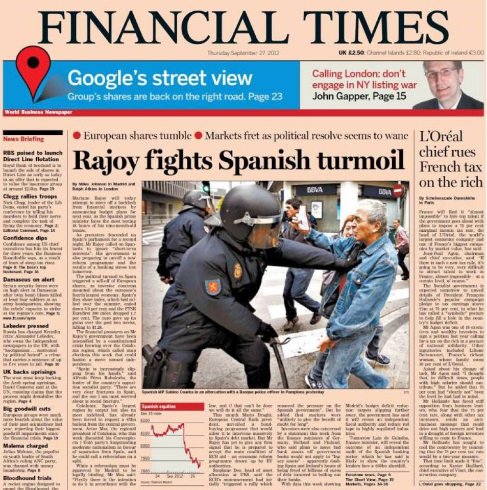 El diputado de Amaiur Sabino Cuadra en la portada de Financial Times.