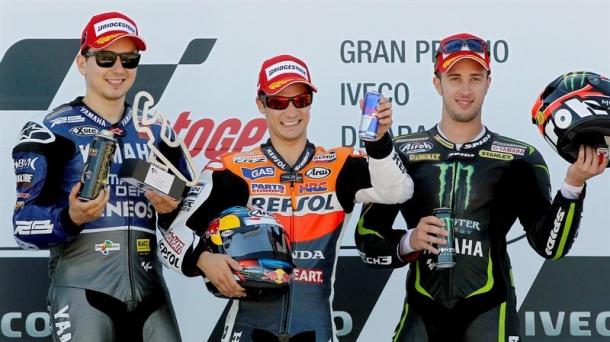 El podio de MotoGP en el Gran Premio de Aragón. Foto: EFE