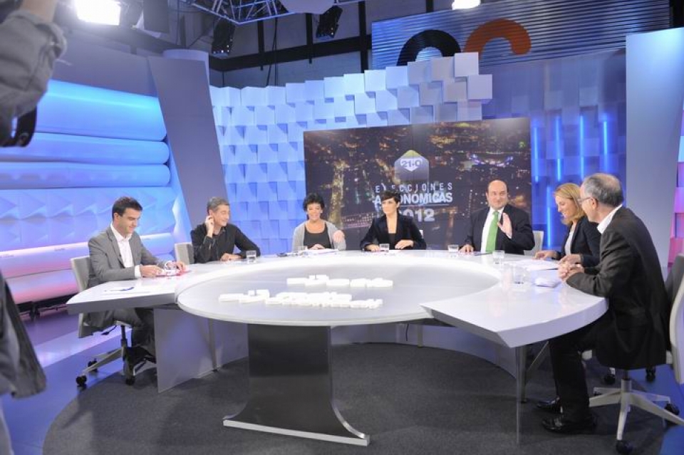 Debate electoral con Andoni Ortuzar, Isabel Celáa, Arantza Quiroga, Oscar Matute, José Navas y Gorka Maneiro. Foto: EITB